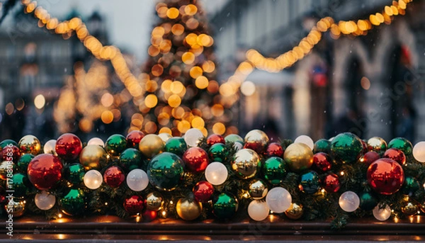 Fototapeta Colorful glowing holiday banner with bokeh Christmas lights.