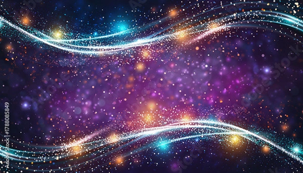 Fototapeta Colorful glowing holiday banner with bokeh Christmas lights.