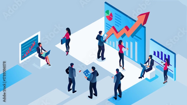 Fototapeta Diverse business professionals collaborating and analyzing financial data charts and graphs in an isometric office setting