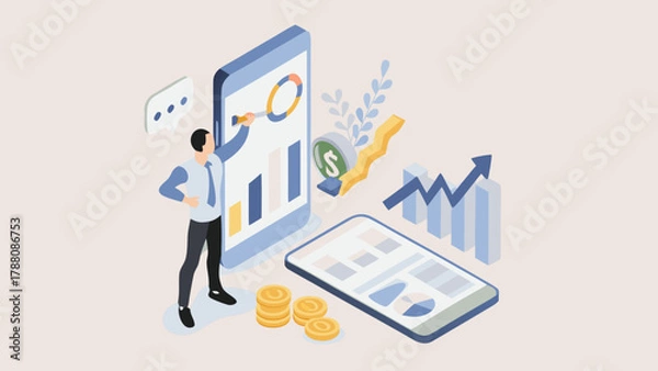 Fototapeta Man analyzing financial charts on a smartphone with coins and growth graphs indicating business success and investment growth
