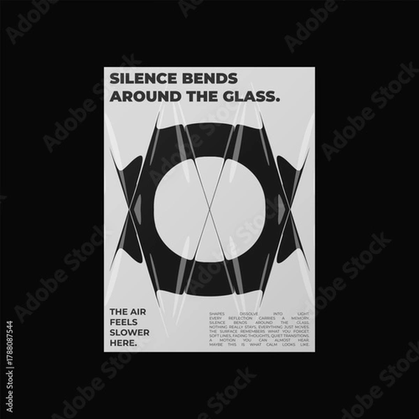 Fototapeta Abstract poster design with letter O and liquid glass distortion and refraction effects. Composition blending typography, reflection, and optical illusion.