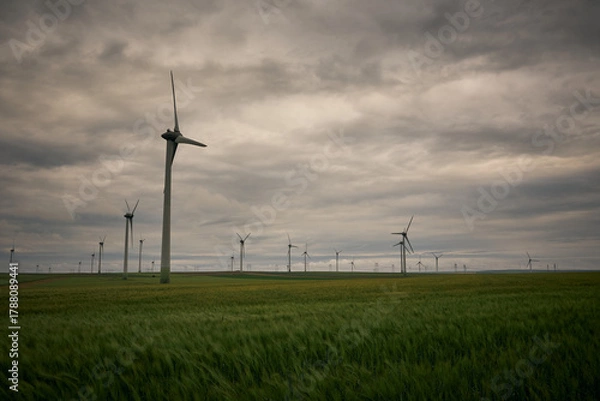 Fototapeta wind farms in Dobrogea in the warm sunlight