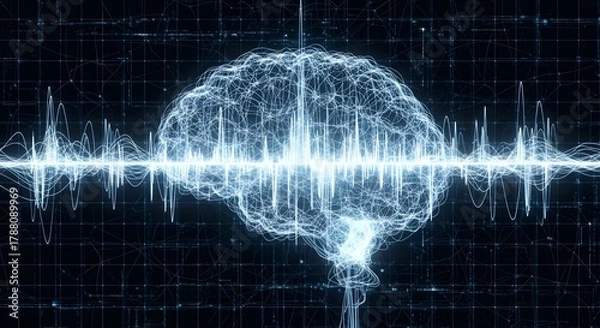 Obraz Abstract glowing digital brain with vibrant blue light and sound wave visualization on dark background