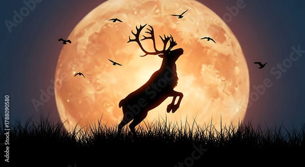 Fototapeta reindeer jumping in a grassy ground while bird flying and sunset