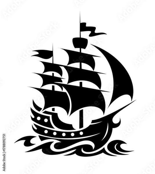 Fototapeta Silhouette of a majestic sailing ship gliding through the waves