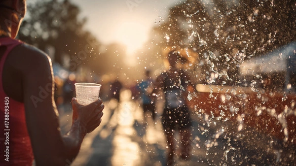 Fototapeta Runner holding cup of water, splashes in background, sunset glow