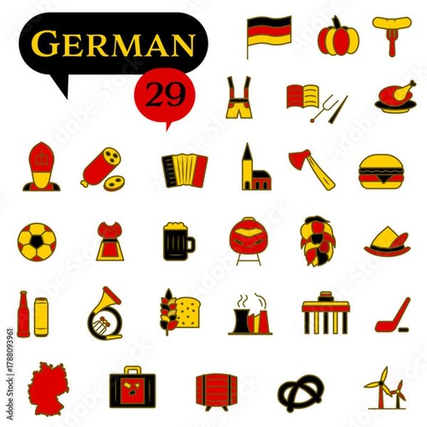Obraz A set of icons in red, black, and yellow colors dedicated to German culture. EPS 10.