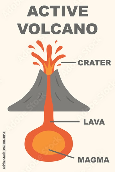 Fototapeta Infographic about active volcanoes for teaching materials in geography and natural science.