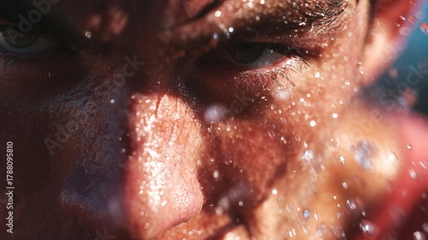 Fototapeta Close up of determined athlete with sweat droplets flying, showcasing intensity