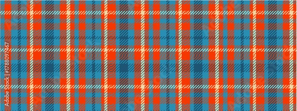 Fototapeta An eye-catching tartan pattern featuring bold orange and vibrant blue interwoven with subtle gray and crisp white lines creating a dynamic and textured textile design.