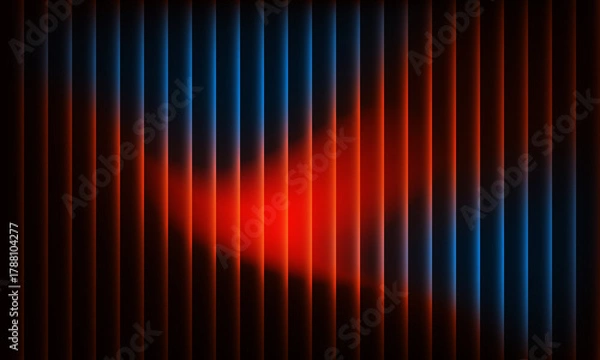 Obraz Dynamic abstract background with glowing red and blue light streaks behind vertical blinds