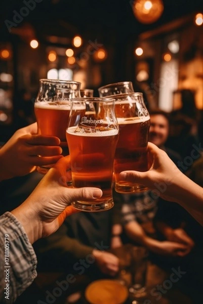 Obraz Friends toasting with craft beers in a cozy pub.