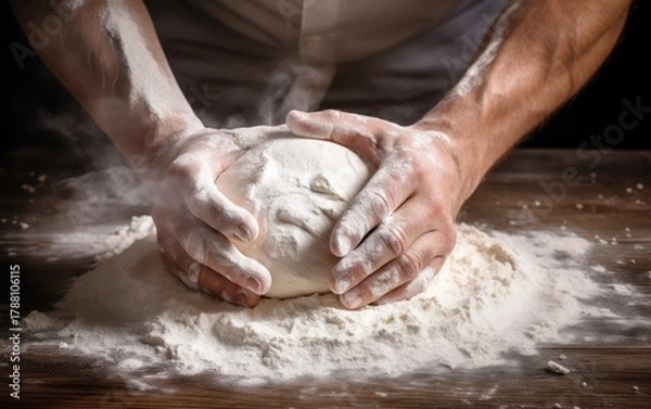 Obraz Man kneading dough on a flour-covered surface.