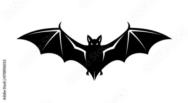 Fototapeta A black bat icon with spread wings, clean white surface