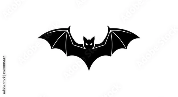 Fototapeta A black bat icon with spread wings, clean white backdrop