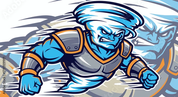 Fototapeta A fierce cartoon character, a blue tornado with an angry expression, wearing armor and moving fast.