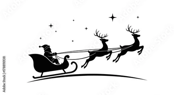 Fototapeta Silhouette of Santa Claus in his sleigh being pulled by three reindeer.