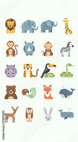 Fototapeta A vibrant collection of cartoon animal illustrations, showcasing a diverse range of wildlife from various habitats on a clean white background.
