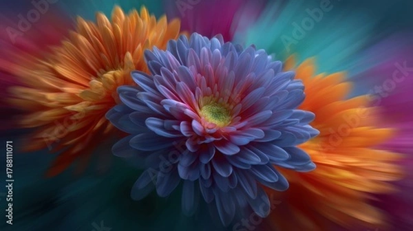 Fototapeta Vibrant Close-Up of Colorful Chrysanthemum Flowers with Swirling Background in a Dreamy Abstract Style