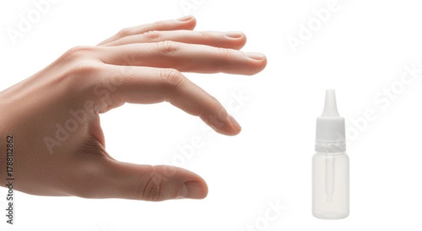 Obraz Hand demonstrates the small size of a translucent dropper bottle for pharmaceutical, healthcare or cosmetic use, showcasing precise dosage and product application in a clear visual demonstration