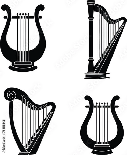 Fototapeta Stylized musical string instruments collection: two classical harps and two ancient lyres, depicted as elegant black silhouette icons.