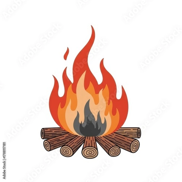 Fototapeta Campfire flames with logs in a simple illustration style  