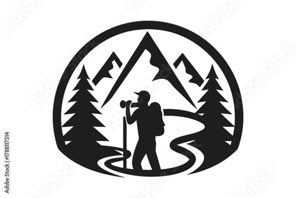 Obraz Silhouette shows a hiker with a backpack walking among trees and mountains
