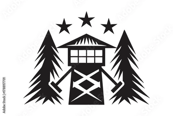 Obraz Silhouette shows lookout tower surrounded by pine trees and stars overhead in black and white