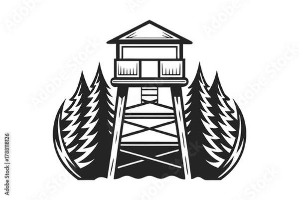 Obraz Silhouette watchtower rises amid stylized pines, evoking rustic observation and solitude