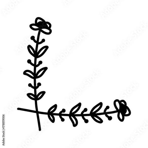 Fototapeta Hand drawn doodle floral corner element with simple flower and leaves. Perfect for decorative frames, invitations, cards, scrapbooking, and creative design projects.