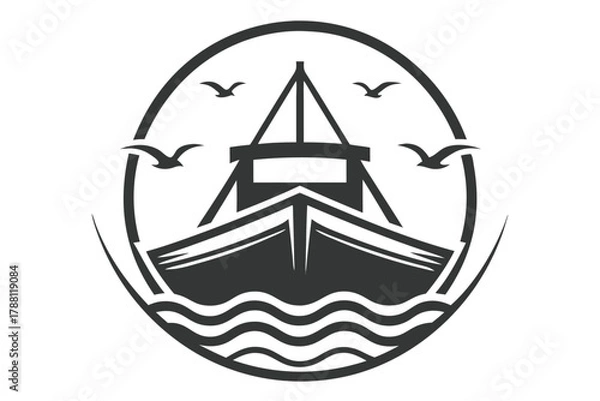 Obraz Simple monochrome emblem shows vintage ship sailing smoothly with birds within oval