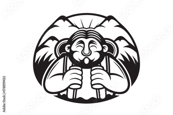 Obraz Smiling mythical creature illustration shows dwarf holding a pair of steins with mountain backdrop