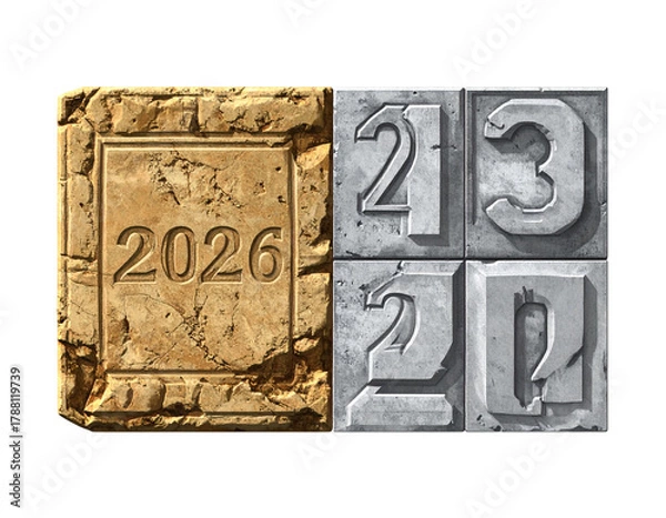 Obraz Two Variations of 2026 Engraved in Stone, Realistic Texture Collection, isolated on transparent background