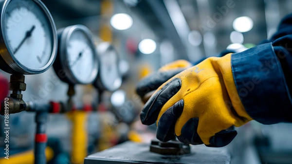 Fototapeta A close-up of a worker's hand wearing yellow gloves, adjusting a control knob near pressure gauges in an industrial setting. The background is blurred with machinery.