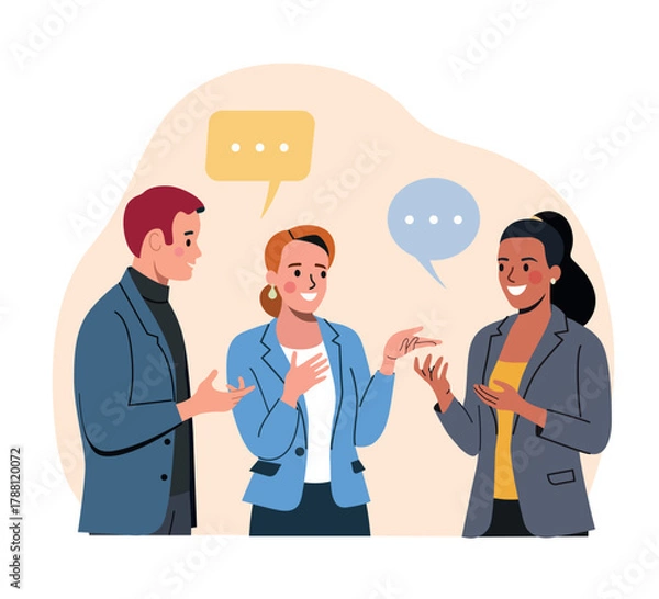 Fototapeta Young business man and women talking, telling news. Flat style cartoon vector illustration.