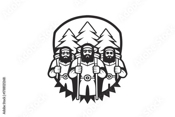 Obraz Three bearded hikers holding trekking poles stand before pine trees within a monochrome emblem