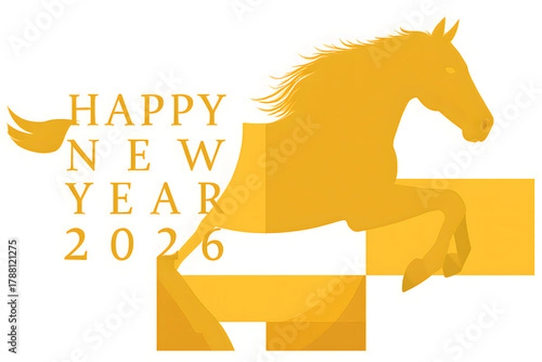 Fototapeta 2026年賀状 金色の馬 シンプルで華やかなデザイン
