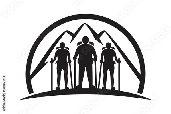 Obraz Three hikers with backpacks and trekking poles stand before mountain peaks in silhouette