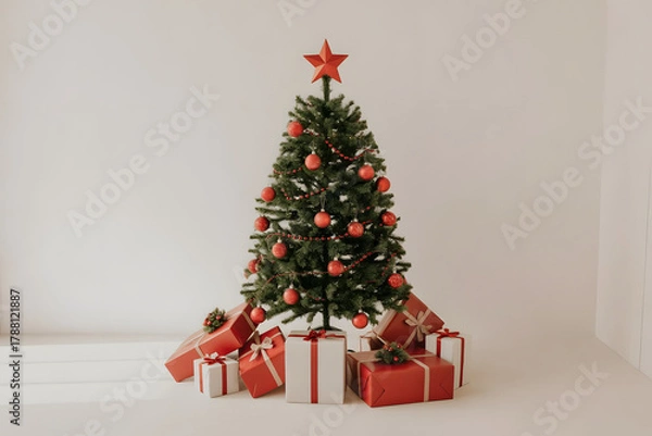 Fototapeta Beautiful Christmas Tree with Red Ornaments and Gift Boxes