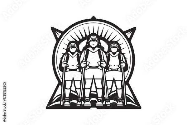 Obraz Three monochromatic hikers are ready with their trekking poles and compass background for adventure