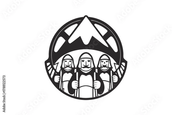 Obraz Three stylized Caucasian warriors guard mountain symbol with pole arms in monochrome artwork