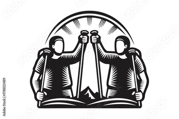 Obraz Two hikers triumphantly hold hiking poles above a mountain peak under a radiant arch