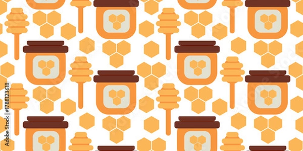 Fototapeta Seamless pattern featuring a honey jar, honeycomb, and dipper. Perfect for harvest, organic food, packaging, fabric, and wrapping designs.