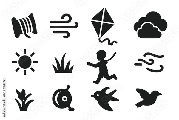 Fototapeta Kite Flying Icons. Solid style icons of Kite Flying: String, Wind, Diamond Kite, Sky, Tail, Clouds, Sun, Grass, Child, Reel, Bird,
