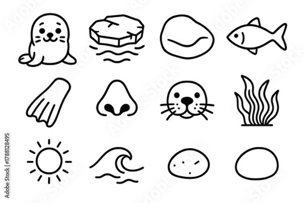 Fototapeta Seal Life Icons. Line style icons of Seal Life: Seal Pup, Ice Floe, Rock, Fish; Flipper, Nose, Whiskers, Tail; Sun, Wave, Seaweed,