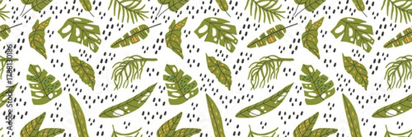Fototapeta Exotic seamless textile with tropical jungle monster palm leaves print.
