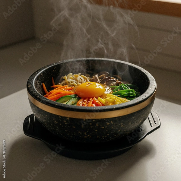 Fototapeta Steaming hot bibimbap served in a traditional stone bowl with fresh vegetables and a vibrant egg yolk