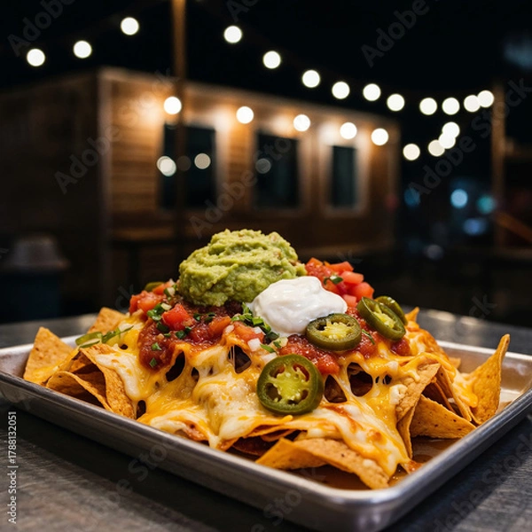 Fototapeta Indulgent loaded nachos piled high with melted cheese, fresh guacamole, and jalapeños at night