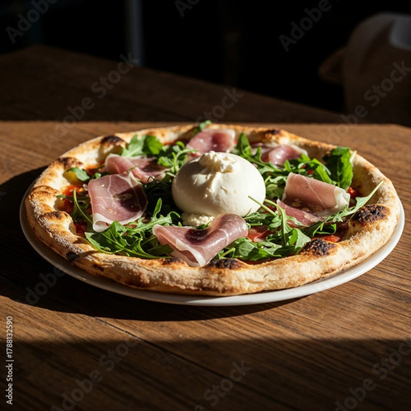 Fototapeta Savor this gourmet pizza with creamy burrata, fresh arugula, and savory prosciutto