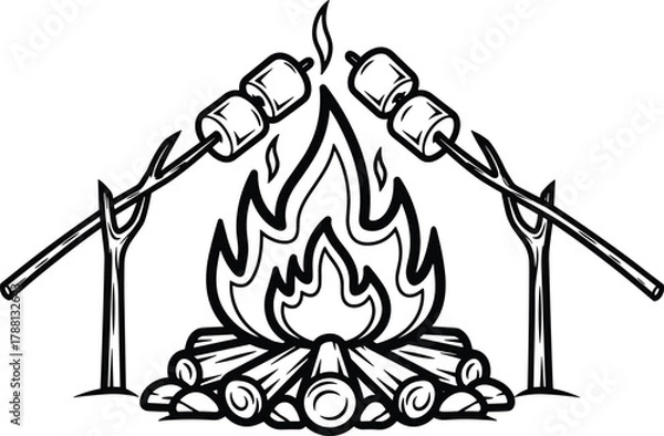 Obraz Campfire marshmallows, outdoor fire pit, cozy camping flame, roasting sticks, wilderness sketch, black white vector, cad drawing flat vector illustration